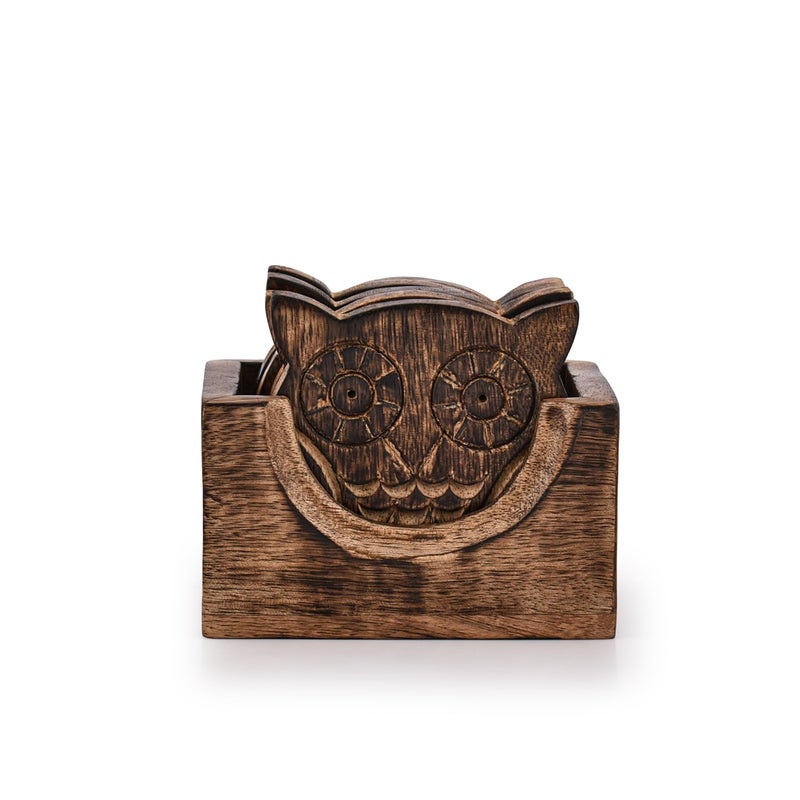 NIRMAN Wooden Crafted Coaster Set of 6 with Coasters Holder for Drink Bar Coaster Tea Coffee Mug Tabletop Barware Drink Handmade Dining Home Decor (Owl Shape) - Image 1